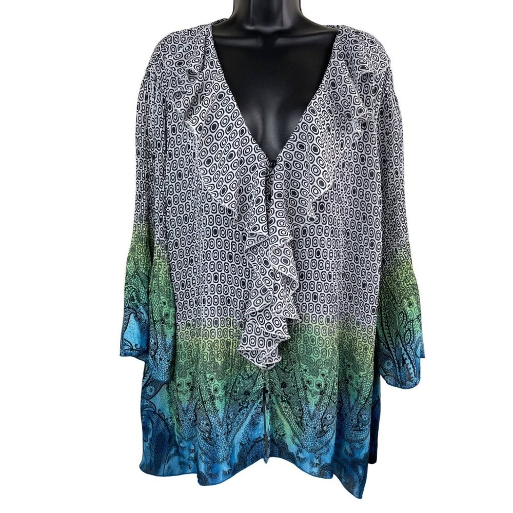 Avenue Blouse Womens Plus Size 18/20 1X 3/4 Sleeve Flared Black White Top Sheer